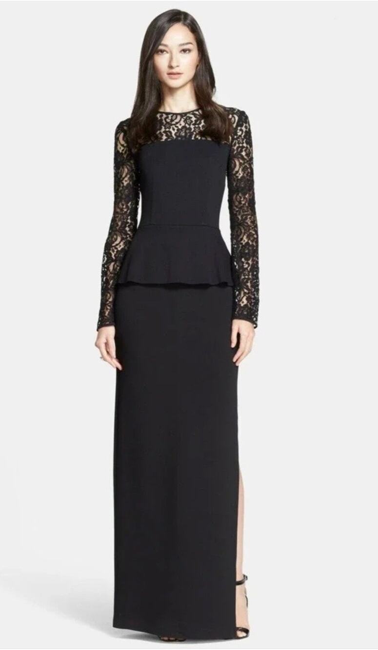 St John Rose Noir Lace Peplum Gown — 4 Black Formal Gala Wedding Guest NWT $2195